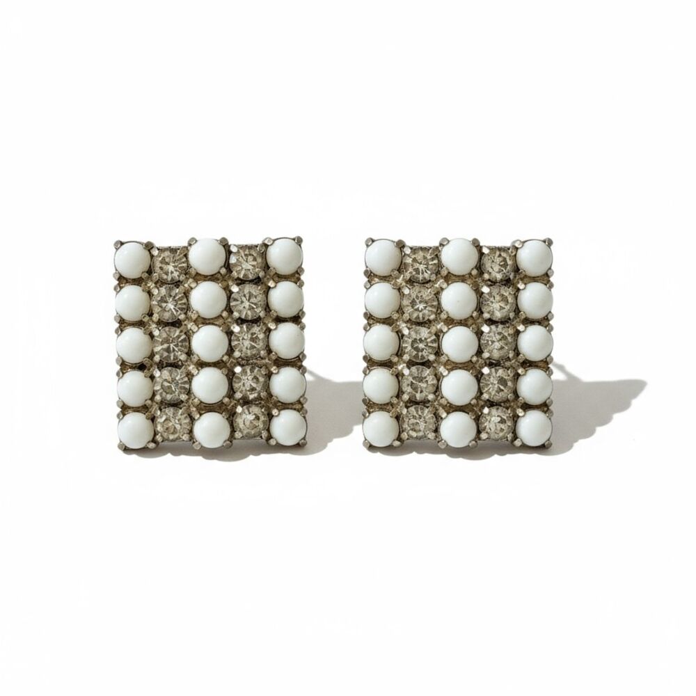 50's Milk Glass And Rhinestone Square Clip On Earrings